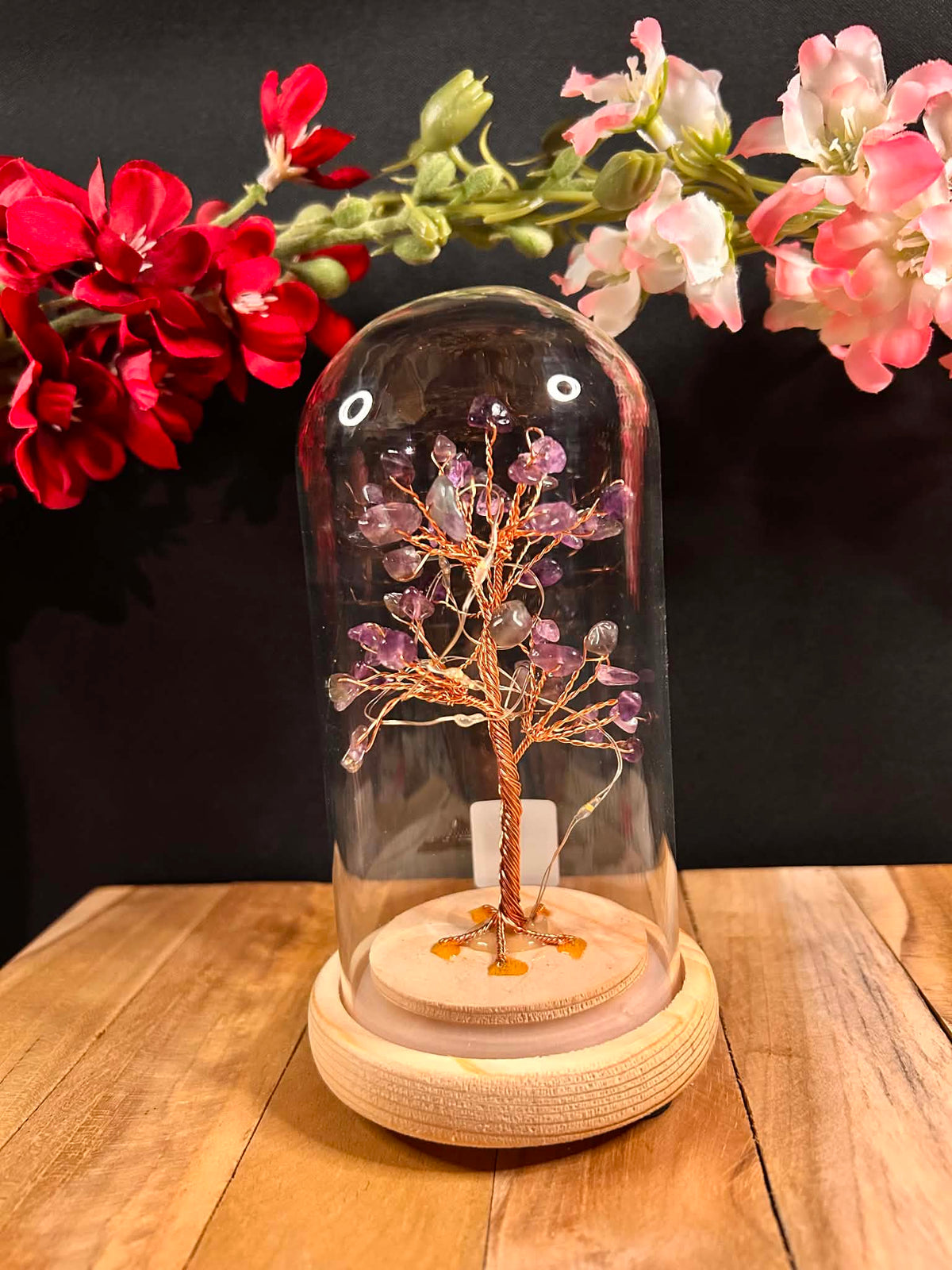 Bonsaï Lumineux en Améthyste sous Cloche – Arbre de Vie avec QR Code Explicatif