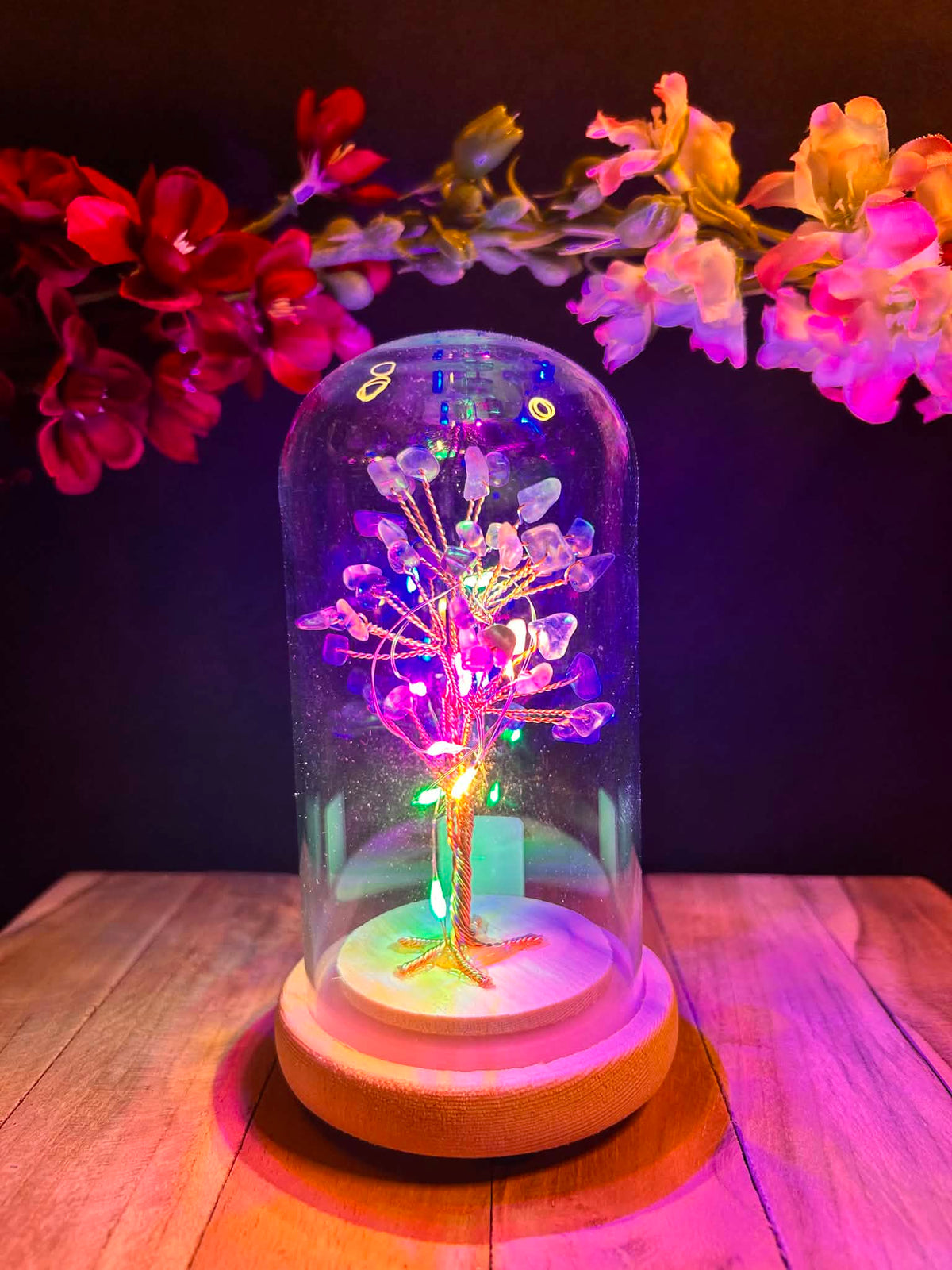 Bonsaï Lumineux en Cristal de Roche sous Cloche – Arbre de Vie avec QR Code Explicatif