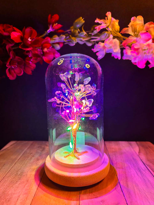 Bonsaï Lumineux en Cristal de Roche sous Cloche – Arbre de Vie avec QR Code Explicatif