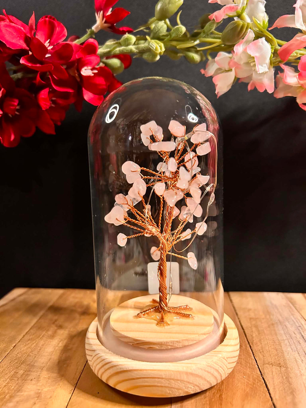 Bonsaï Lumineux en Quartz Rose sous Cloche – Arbre de Vie avec QR Code Explicatif