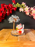 Bonsaï Maneki-neko en Aigue-Marine – Chat Porte-Bonheur Solaire