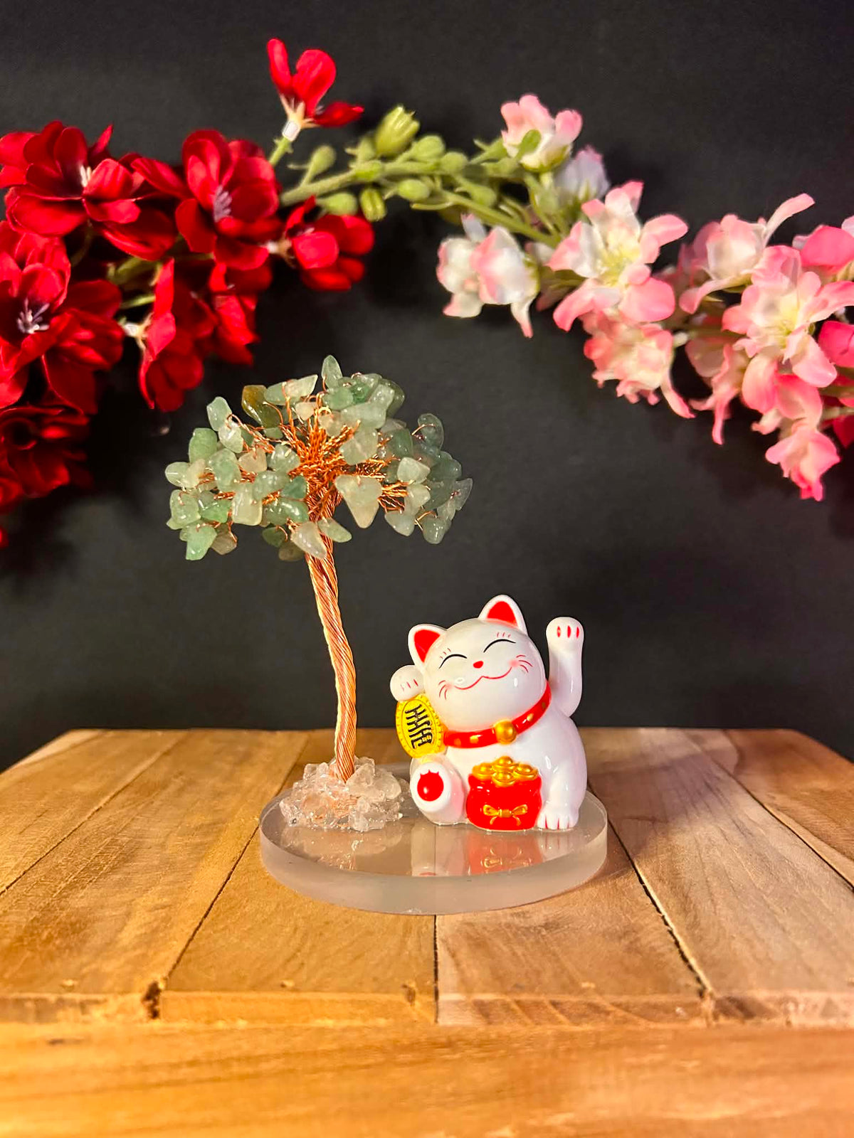Bonsaï Maneki-neko en Aventurine Verte – Chat Porte-Bonheur Solaire