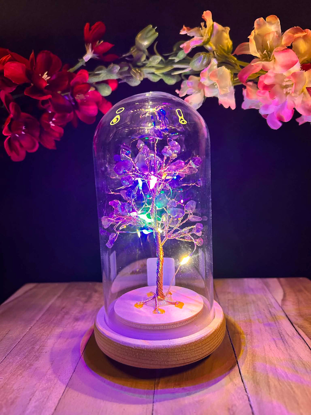 Bonsaï Lumineux en Améthyste sous Cloche – Arbre de Vie avec QR Code Explicatif