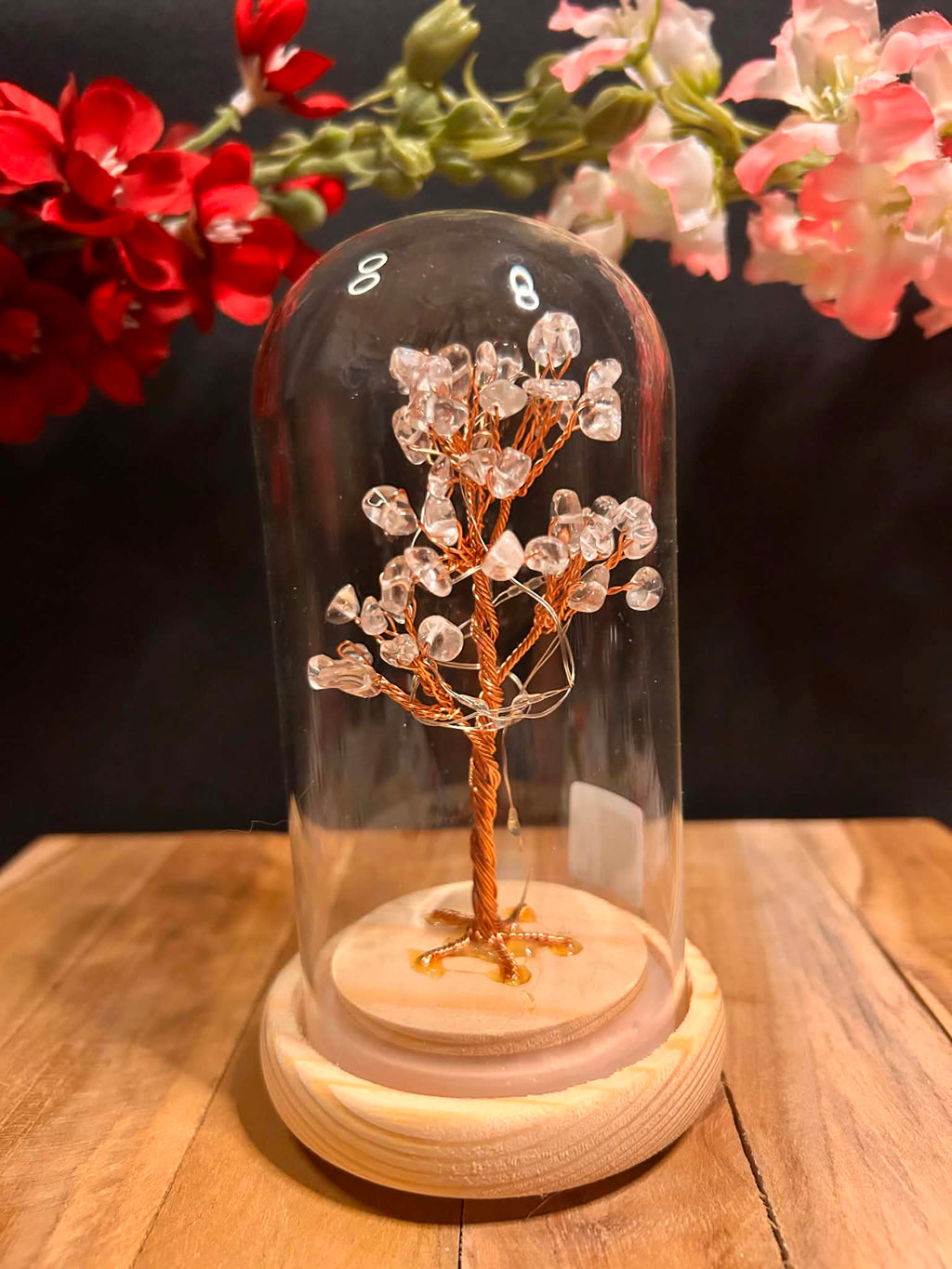 Bonsaï Lumineux en Cristal de Roche sous Cloche – Arbre de Vie avec QR Code Explicatif