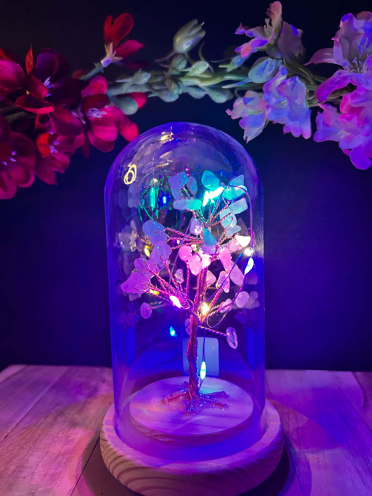 Bonsaï Lumineux en Quartz Rose sous Cloche – Arbre de Vie avec QR Code Explicatif